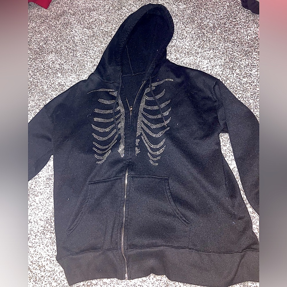 Black Skeleton Gem Zip Up Hoodie, Size L